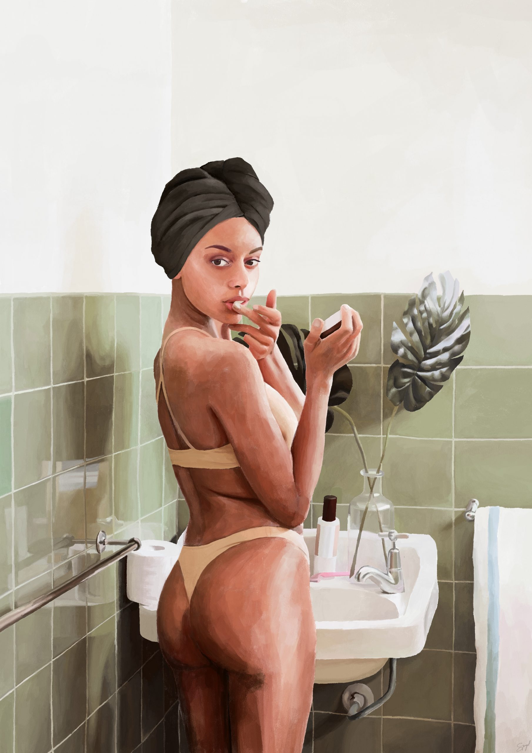 Digital painting by Hannah Spiegel - Woman in Bathroom